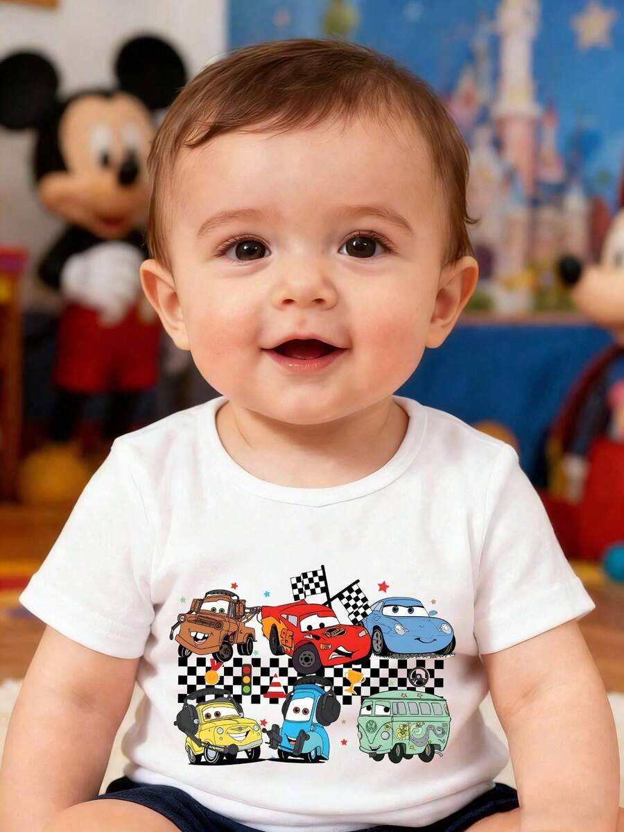 This Disney Pixar Cars-Themed Casual, Simple, Crew-Neck Short-Sleeved T-Shirt, Featuring Characters From The Movie, Is Designed For Baby Boys And Girls And Is Ideal For Summer Wear. - White - View 1