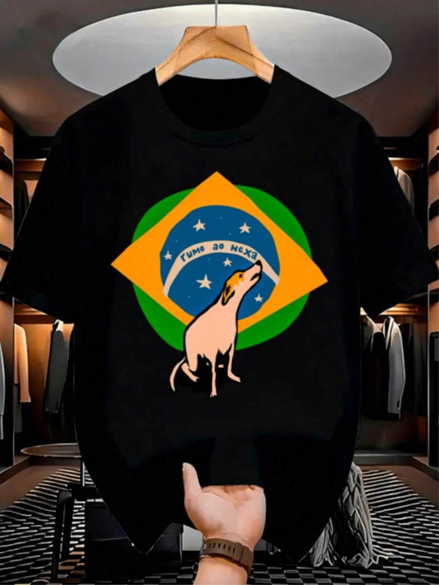 Camiseta Básica Casual Manga Curta Copa do Mundo Futebol Brasileiro Estampa Delicada Unissex Moda Verão 100% Algodão - Preto - Visão 1