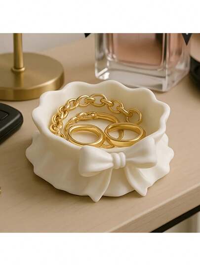 1pc 3D Printed White Plastic Decorative Tray With Ruffle Bow Pattern, Suitable For Home, Office Desk, Party Decor, Can Be Used As Gift For Christmas, Thanksgiving, Valentine's Day, Easter