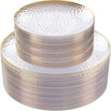 50/25/12/2件套透明锤纹金边餐盘,透明金边,透明底面饰以金边,优雅的甜点盘、意面盘、披萨盘、蛋糕盘、沙拉盘,尺寸7.5英寸/10.25英寸,可重复使用且易于清洁,适合户外使用、派对、生日、婚礼和节日等场合。 - 彩色 - 查看 11