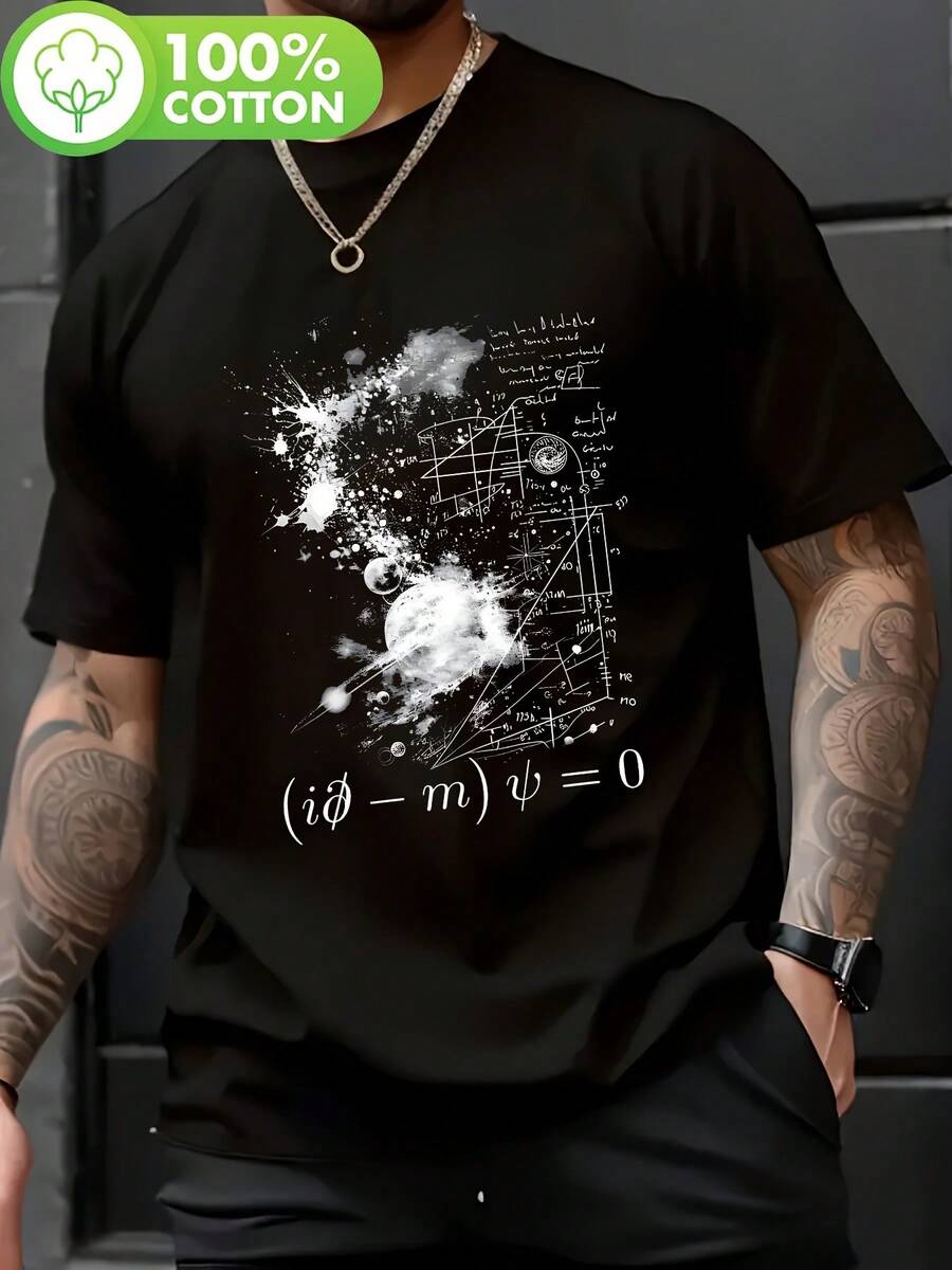 Dirac Equation Quantum Mechanics Particle Physics Geeks| Funny Men'S Short Sleeve T-Shirt, Black, Crew Neck, Slight Stretch Fabric, Patterned, Casual & Sportswear - 黑色 - 查看 1