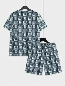 Two-Piece, Simple And Distinctive, Knitted Fabric, Crisp Lines, Men's Social Gatherings, Summer Outdoor Camping, Blue-Gray Beer Can All-Over Print, Men's Short-Sleeve Beach Pants Set - 彩色 - 查看 5