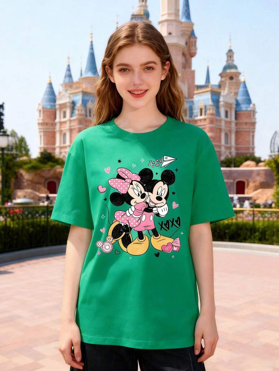 Disney Mickey & Minnie Mouse Valentine's Day "XOXO" Graphic Women's Short Sleeve T-Shirt Sweet & Romantic Casual Top - Vert - Voir 1