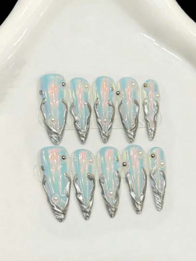10PCS Long Stiletto Handmade Press On Nails For Party And Daily Wear,Silver Nail ,Shining Bright ,Mercury Aurora,Aurora Is Not Only Visible, But Also At The Fingertips.Easy To Wear 10pcs Y2K Handmade Press On Nails,Shining Bright ,Suitable For Girls And Women Festivals Parties And Daily Wear