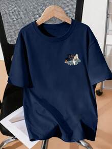 青少年男童沙滩印花圆领T恤，柔软休闲，适合春夏穿着，可用于上学、度假和购物。 - 藏蓝色 - 查看 2