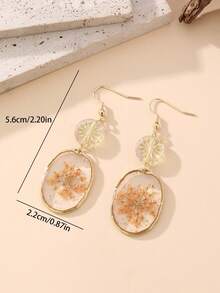 1 Pair Personalized Fashion Dried Flower Resin Effect Oval Pendant Matching Round Glass Flower Earrings, Suitable For Vacation, Party And Daily Wear, Natural Dried Flower May Have Slight Differences From The Picture - Orange - View 2