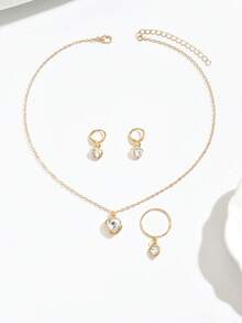 4件套女士简约时尚心形水钻项链、耳环、戒指，百搭日常通勤饰品 - 金色 - 查看 5