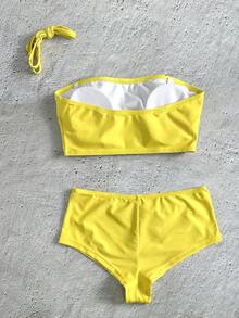 Bộ bikini mùa hè gợi cảm với họa tiết chữ màu vàng tươi, áo hai dây và quần đùi cạp cao, thiết kế nâng ngực, trang phục đi biển retro không thể thiếu cho kỳ nghỉ. - Màu vàng - Xem 7