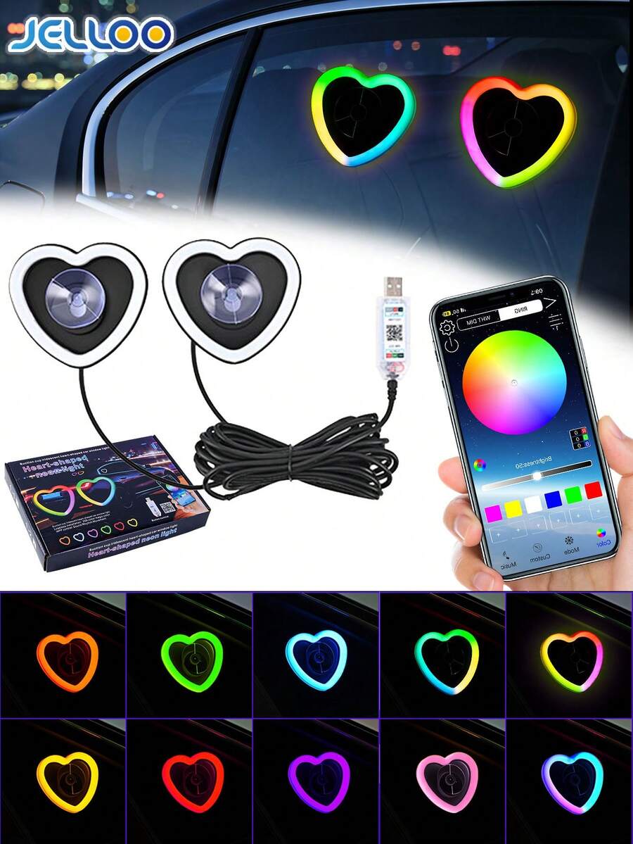 JELLOO 2 Sets Pink Girly Atmosphere Car Interior Decor, Heart-Shaped Neon Light, Car Window Heart Logo, Car LED Neon Light, RGB Dreamlike Color, USB Powered, APP Music Sync - RGB Dream Colors - View 1