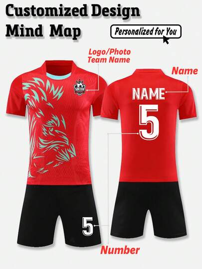 2pcs Personalized Football Sports Outfit - Customized Name, Number & Team Logo Printed Short Sleeve T-Shirt + Shorts Training Sports Set, Fashionable Casual, Suitable As Gift For Men, Birthday, Holiday, School/Match, Sports/Climbing Occasions