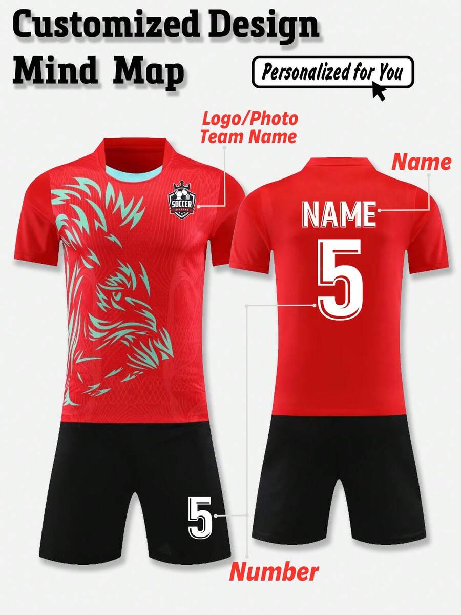 2pcs Set Jersey Sepak Bola Personalisasi - Kaos Lengan Pendek + Celana Pendek dengan Nama, Nomor & Logo Tim yang Dicetak Sesuai Pesanan, Hadiah, Cocok untuk Olahraga/Mendaki Gunung Musim Semi/Panas - Merah - View 1