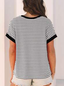 Áo thun dệt kim tay cánh dơi cổ tròn kẻ sọc, màu đen, phong cách thường ngày mùa hè. - màu đen - Xem 3