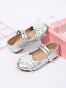 Lolita Style Girls' Silver Shoes, Mesh Flower Pearl Princess Performance Flower Girl Shoes - Silver - View 4
