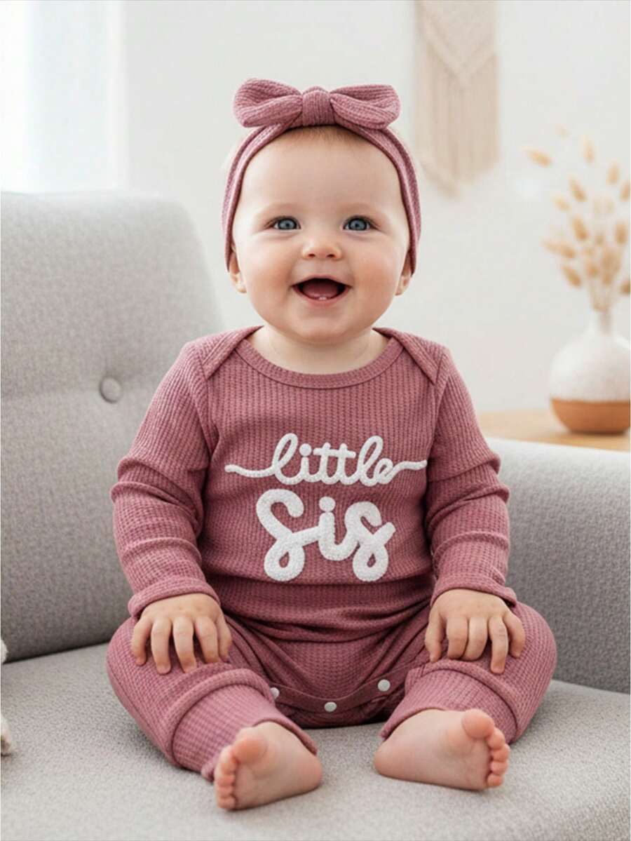 Baby Girls Romper Letter Embroidery Long Sleeve Round Neck Back Ruffled Jumpsuit with Bow Headband - Morado - Ver 1
