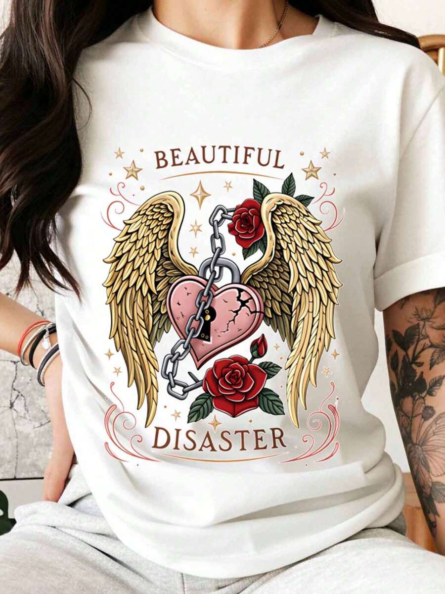 Beautiful Disaster Heart Wings And Roses Graphic T-Shirt For Women Casual Fashion Statement Top With Tattoo Style Design Perfect For Everyday Wear And Special Occasions - White - View 1