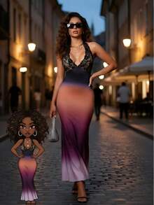 Persoshow 新款女士夏季渐变蕾丝吊带深V露背修身美人鱼连衣裙，性感迷人，适合日常约会、派对、宴会、夜店等场合，尽显女士优雅气质，亦可作为夏季连衣裙、毕业礼服、露背连衣裙、婚礼宾客礼服、优雅女士连衣裙、情人节派对装扮。 - 彩色 - 查看 1