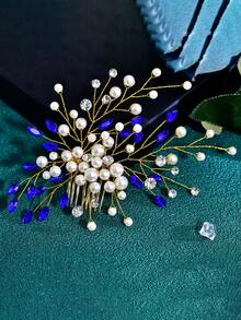 1pc Blue Crystal Rhinestone & Faux Pearl Handmade Bridal Hair Comb, Suitable For Wedding Party - Multicolor - View 5