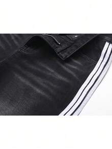 2026 American High - Street Youth Men's Harajuku Style Three - Stripe Black - Blue Straight - Leg Jeans For Fashionable Streetwear And Stylish OOTD, Purple Jeans Option Available For Men's Fashionable Trousers - 黑色 - 查看 4