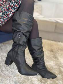 Women's Mid-Top Boots With Accordion Sole, Block Heel, And Pointed Toe. - Black - View 6