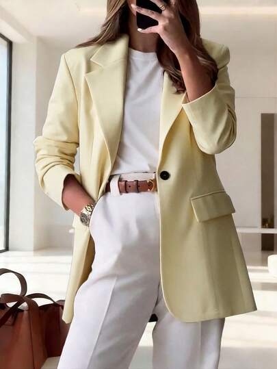 1pc Women's Fashionable Versatile Commuting Solid Color Casual Loose Fit Pocket & Lapel Design Blazer, Suitable For Office & Everyday Wear, Autumn/Winter