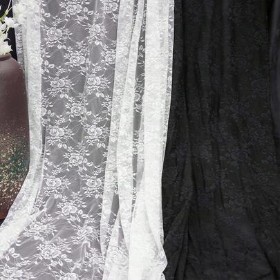 1pc, Black & White Rose Lace Fabric Stretch Mesh Lace Fabric - Elastic Lightweight Soft Wedding Draping Fabric For Dressmaking Sewing DIY Crafts, Curtain Home Decor