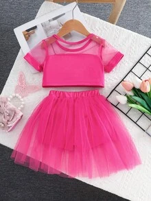 Girls "LOS ANGELES" Print Outfit With Tulle Element, Blending Sweet, Dreamy And Streetwear Style, Suitable For Spring/Summer Baby Girl Performance, Photo Shoot Or Casual Wear - Hot Pink - View 2