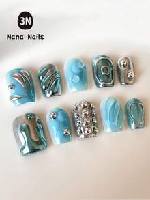 10 adesivos de unhas artesanais Y2K Dreamy Mermaid Tear, unhas postiças de acrílico líquido prateado, unhas curtas em formato de caixão, pontas de unhas metálicas 3D com cobertura total, gel e lixa de unha, suprimentos de manicure DIY para festas e festivais de música. - Multicolorido - Ver 10