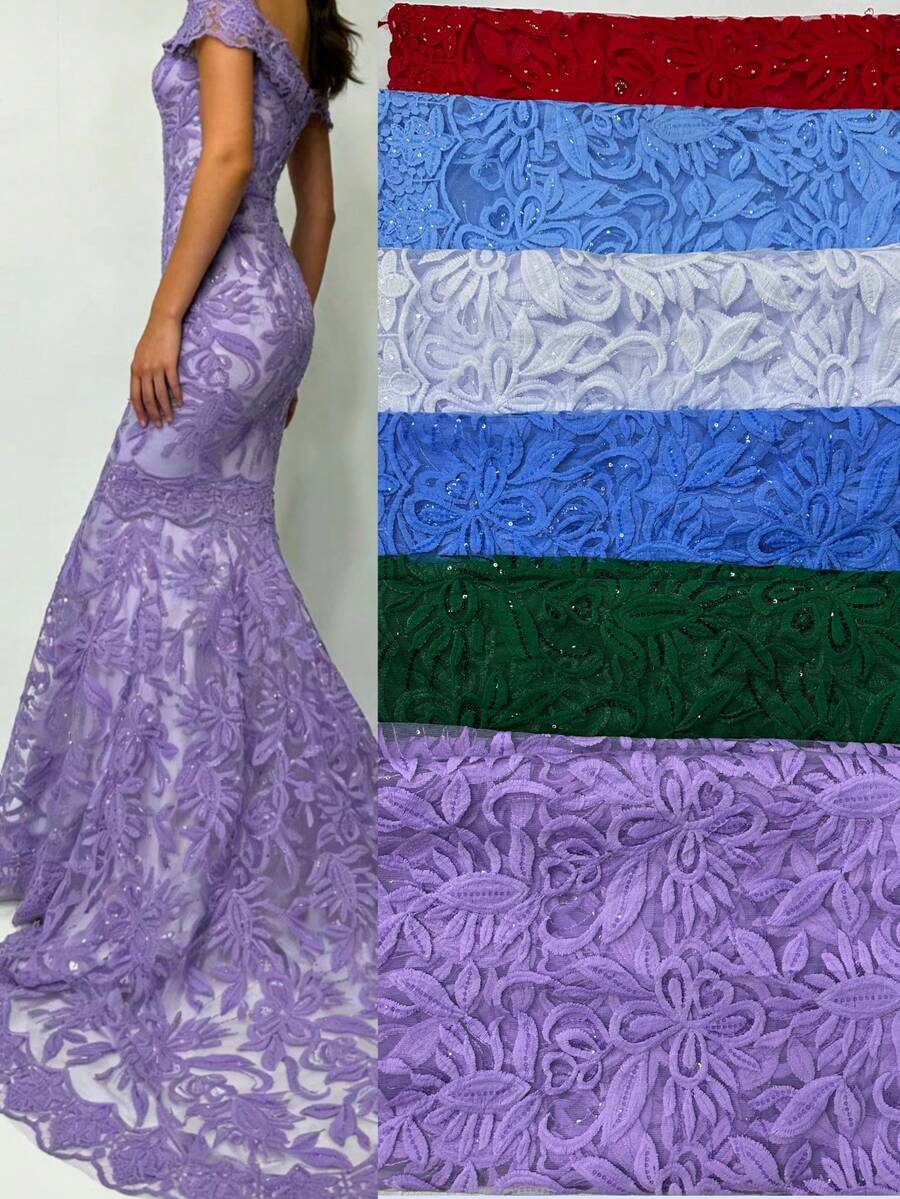 5 Jardas de Tecido de Renda de Malha Africana de Alta Qualidade, 1 Jarda de Tecido de Renda de Malha Bordada Fina, Novo Design para Festa Nigeriana, Vestido de Festa, Vestido de Casamento, Decoração Doméstica DIY, Vermelho, Branco, Roxo, Azul - A - Visão 1