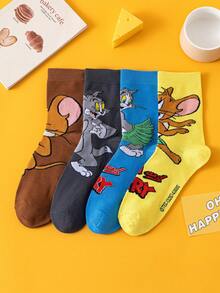 OBM Sleepwear X TOM & JERRY 4双猫鼠卡通图案男士中筒袜，可爱趣味设计，透气吸湿，适合学生/成人穿着，男女皆宜的夏季休闲袜，情侣礼物 - 彩色 - 查看 5