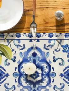 1pc Lemon Blue & White Ceramic Table Runner, Suitable For Spring Kitchen, Dining Table, Family Gathering, Available In Multiple Sizes - Blue - View 5