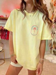 Womens Y2k Coconut Tree Oversized Shirts Tops Coconut Tree/Letter Print Short Sleeve Round Neck Loose Fit Tee Shirt Summer Vintage Aesthetic Baggy Tee - 杏色 - 查看 1