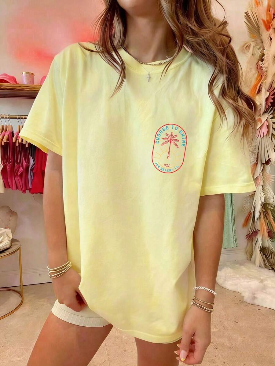 Womens Y2k Coconut Tree Oversized Shirts Tops Coconut Tree/Letter Print Short Sleeve Round Neck Loose Fit Tee Shirt Summer Vintage Aesthetic Baggy Tee - 杏色 - 查看 1