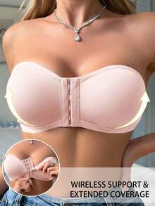 前扣式无钢圈支撑文胸，柔软舒适内衣 - 粉色 - 查看 5