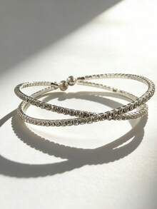 女士银色交叉手链，闪亮立方氧化锆多层手镯，时尚简约首饰，适合日常和派对佩戴 - 銀色 - 查看 2