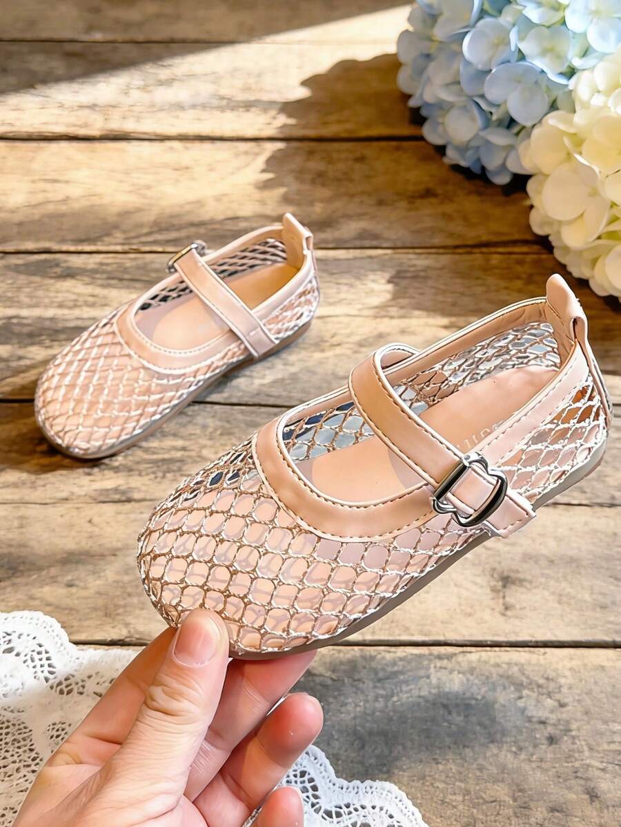 女童网眼芭蕾平底鞋 – 渔网玛丽珍平底鞋，透气时尚芭蕾舞鞋 - 粉色 - 查看 1