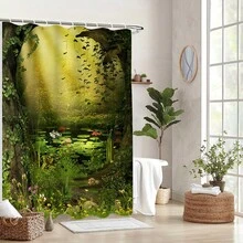 1pc Magic Forest Shower Curtain, Made Of Polyester, Waterproof, Non-Blackout, Suitable For Home And Bathroom Decor, Comes With 12 Hooks - A - View 4