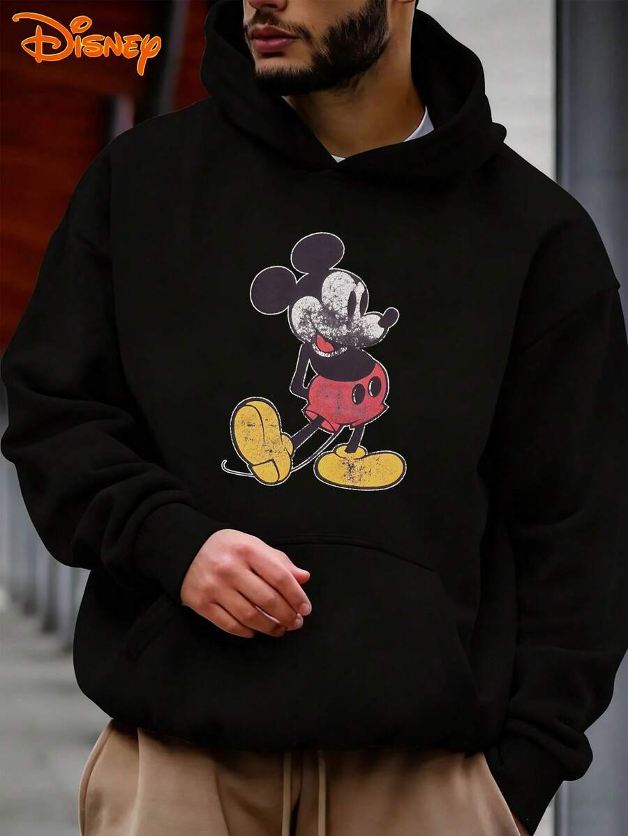 Disney Men's Casual Hoodie, Distressed Mickey Print, Retro Nostalgic Design, Relaxed Fit, Ideal For Vintage Style - 黑色 - 查看 1