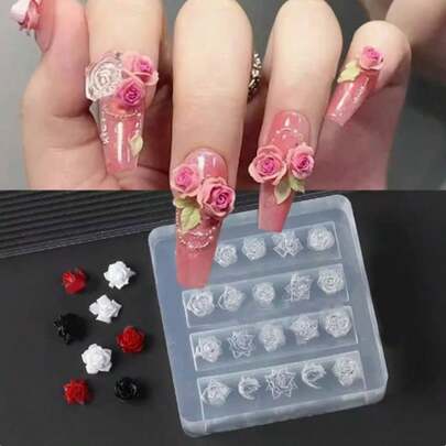 1个DIY高透明硅胶模具，用于制作立体玫瑰美甲装饰，含环氧树脂和雕刻玫瑰美甲印花模具，可重复使用