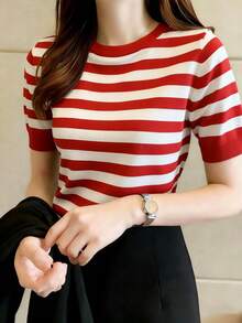 Blusa de punto de cuello redondo de manga corta con estampado de rayas elegante y entallada - Rojo - Ver 1
