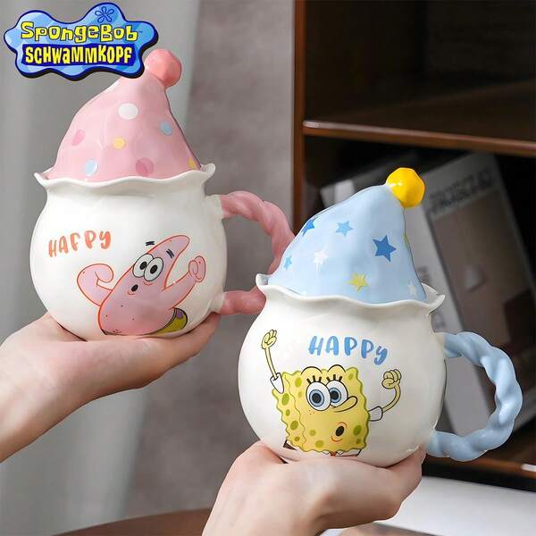 SpongeBob SquarePants "Best Happiness Ever" Ceramic Coffee Cup, Innovative Schwammkopf Teacup, Interesting Text Design, Officially Authorized Collectible Beverages, Microwave Quality Ceramics For Dishwashers, Suitable For Birthday And Christmas Gifts For Boys And Girls Fans