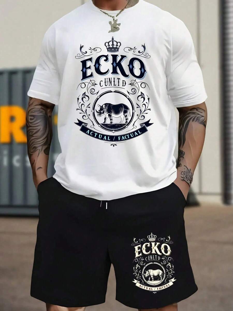 Men's 2pcs ECKO Outfit Sets- Summer Casual T- Shirt And Short Set With Crown& Rhino Print T-Shirt And Shorts, Hip Hop Streetwear Tracksuit For Casual, Workout, Lounge, Summer Parties - 白色 - 查看 1