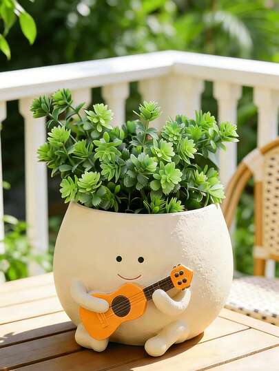 1 pieza Maceta pequeña con forma de cara sonriente, diseño de guitarra linda, con orificio de drenaje, maceta pequeña y divertida adecuada para cultivar plantas pequeñas en interiores, regalo único para amantes de las plantas