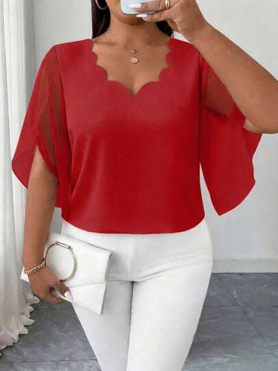 Bluză de damă Plus Size, casual, cu guler floral din dantelă și șifon, cu mânecă transparentă