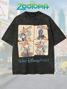 Disney Official Licensed Zootopia Nick & Judy Comic Strip Print Vintage Wash 220g Cotton Crew Neck Unisex Tee - màu đen - Xem 1