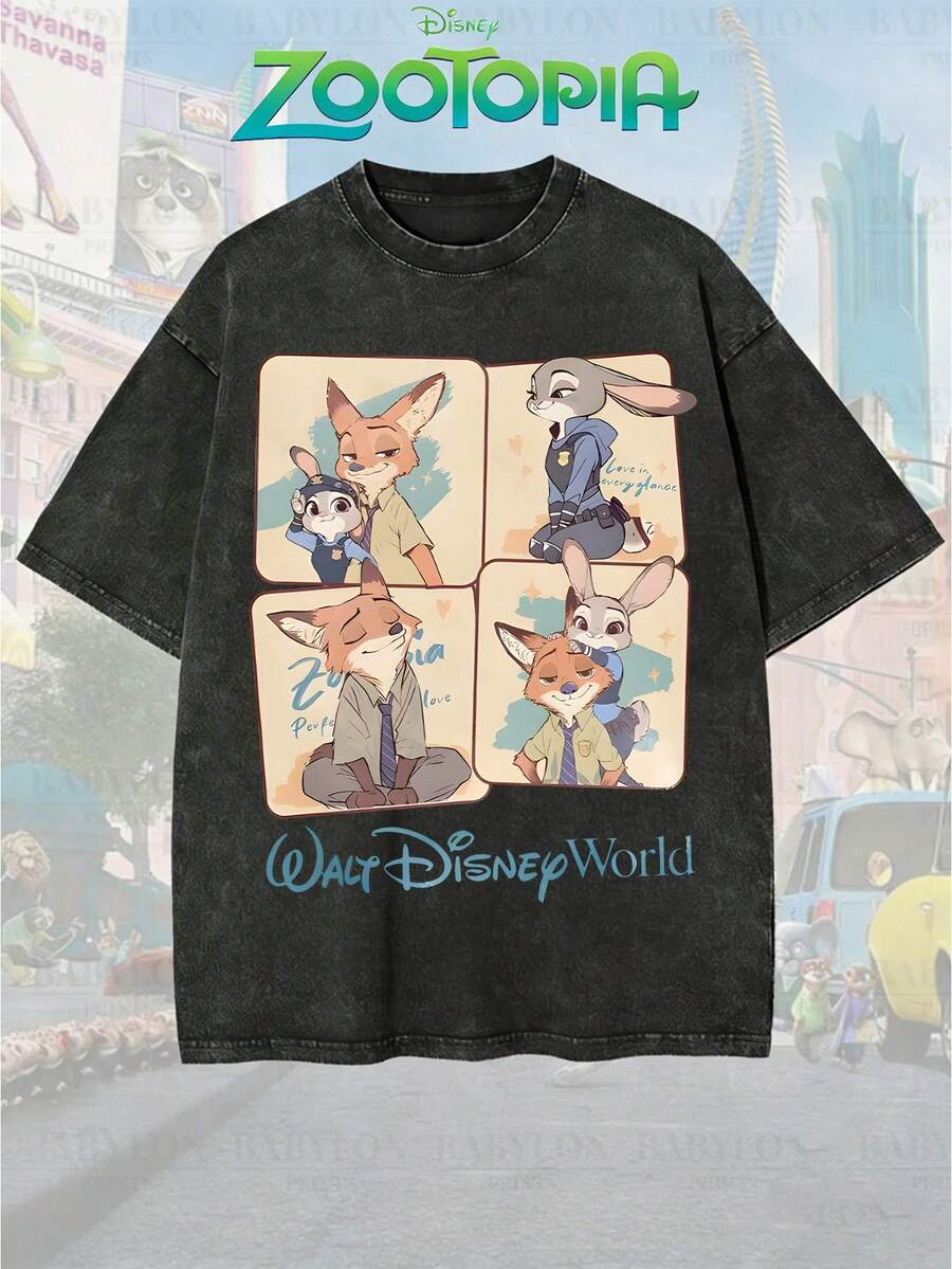 Disney Official Licensed Zootopia Nick & Judy Comic Strip Print Vintage Wash 220g Cotton Crew Neck Unisex Tee - màu đen - Xem 1