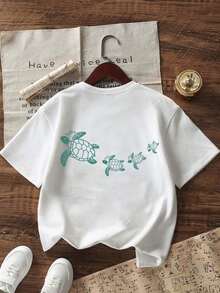 Áo thun in hình rùa cho bé gái tuổi teen, chất liệu mềm mại và thoải mái, phù hợp cho bé gái mặc hàng ngày và đi nghỉ mát. - trắng - Xem 4