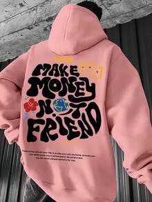 Unisex Kangaroo Hoodie For Women And Men, Flannel Hooded Jacket, Cotton Sweatshirt, KING MAKE MONEY - 淺粉色 - 查看 4