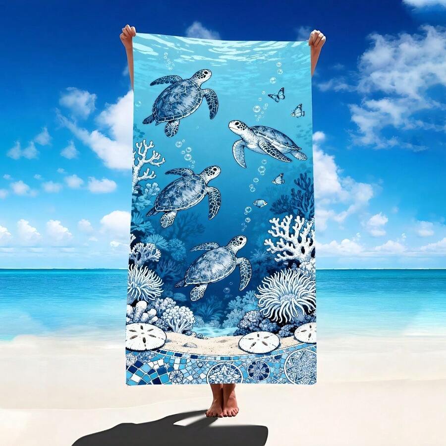 1条海洋元素沙滩巾，超柔软超细纤维特大号沙滩毯，超强吸水浴巾，适合旅行、游泳池、潜水、冲浪、瑜伽、露营，多种尺寸可选，沙滩、泳池、旅行、露营、瑜伽必备用品 - 海龜 - 查看 1