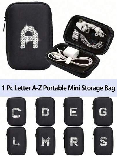 1个字母水晶闪光A-Z便携迷你收纳包，防水防震数码配件整理包 | 拉链钱包式收纳袋，适用于手机充电器、数据线、无线蓝牙耳机等 | 可定制字母Logo电子产品收纳盒 | 商务旅行、旅游、学校、大学及办公必备 | 学生、专业人士、旅行者及数码产品爱好者的理想之选