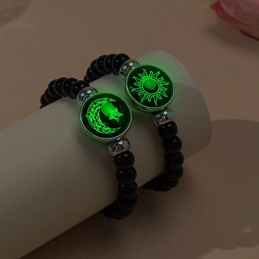 2 piezas Pulseras de pareja con cuentas luminosas retro de sol, luna y estrella, mejores pulseras de amigos